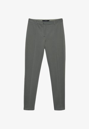Pantalones de vestir ajustados de color gris oscuro con detalle de costura frontal, trabillas para cinturón y cierre frontal con botón.
