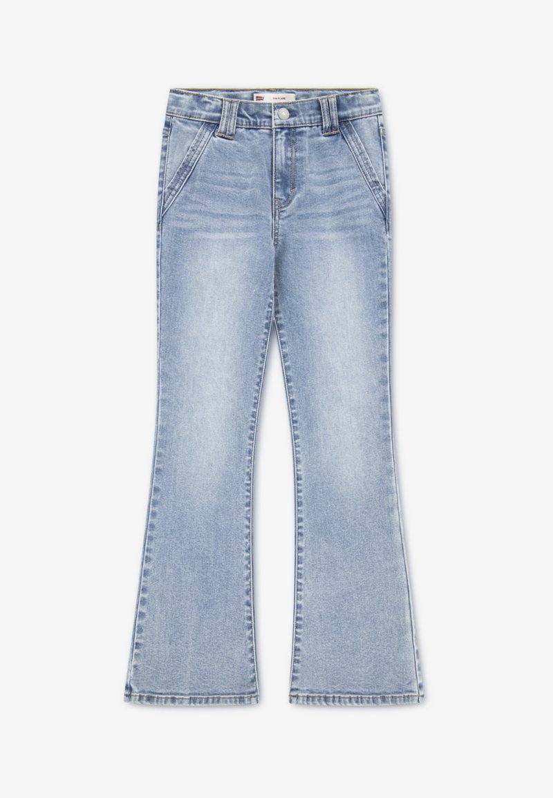 Φωτεινά μπλε τζιν καμπάνα από τζιν ύφασμα. Διαθέτουν δύο εμπρόσθιες τσέπες, κλείσιμο με κουμπί και διακριτικό ξεθώριασμα κατά μήκος των ποδιών.