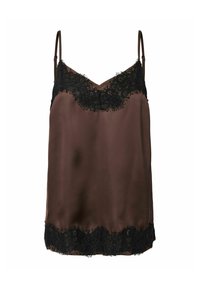 Caraco en satin marron avec bordure en dentelle florale noire au niveau de l'encolure et de l'ourlet, avec fines bretelles ajustables.