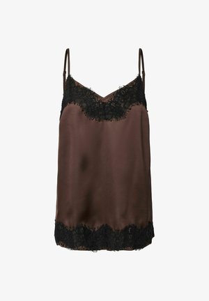 Caraco en satin marron avec bordure en dentelle florale noire au niveau de l'encolure et de l'ourlet, avec fines bretelles ajustables.