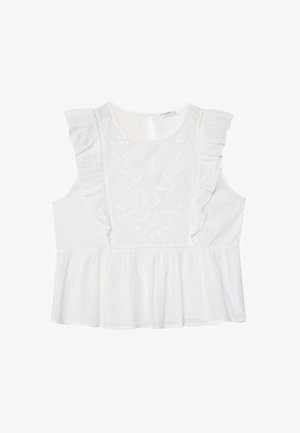 Biela top bez rukávov s vyšitými kvetinovými vzormi, nariasenými akcentmi na ramienkach a zhrnutým peplum okrajom. Uzáver na zadnej strane s kľúčovou dierkou.