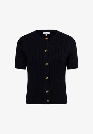 Kortere mouw navy cardigan van textuur kabelbreiwerk, met een ronde hals en vijf gouden knopen aan de voorkant.