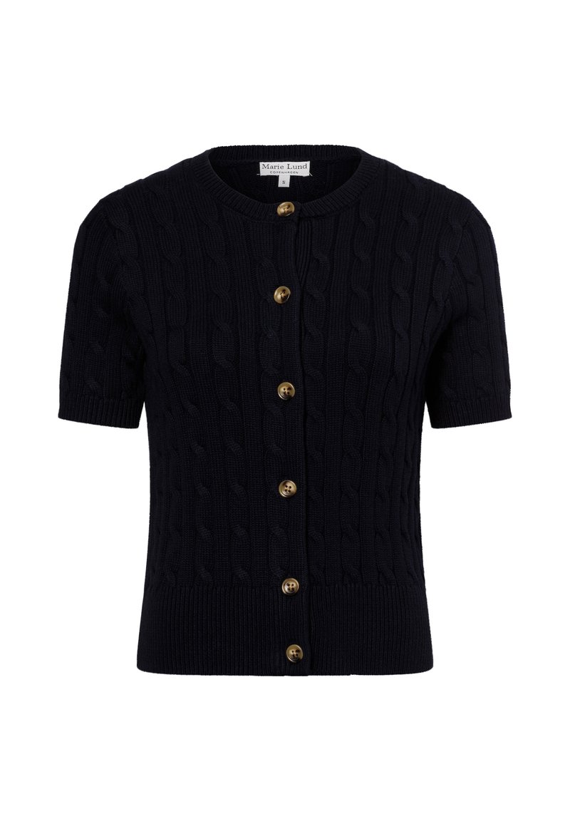 Kurzärmlige marineblaue Strickjacke aus strukturiertem Kabelstrick, mit Rundhalsausschnitt und fünf goldenen Knopfverschlüssen auf der Vorderseite.