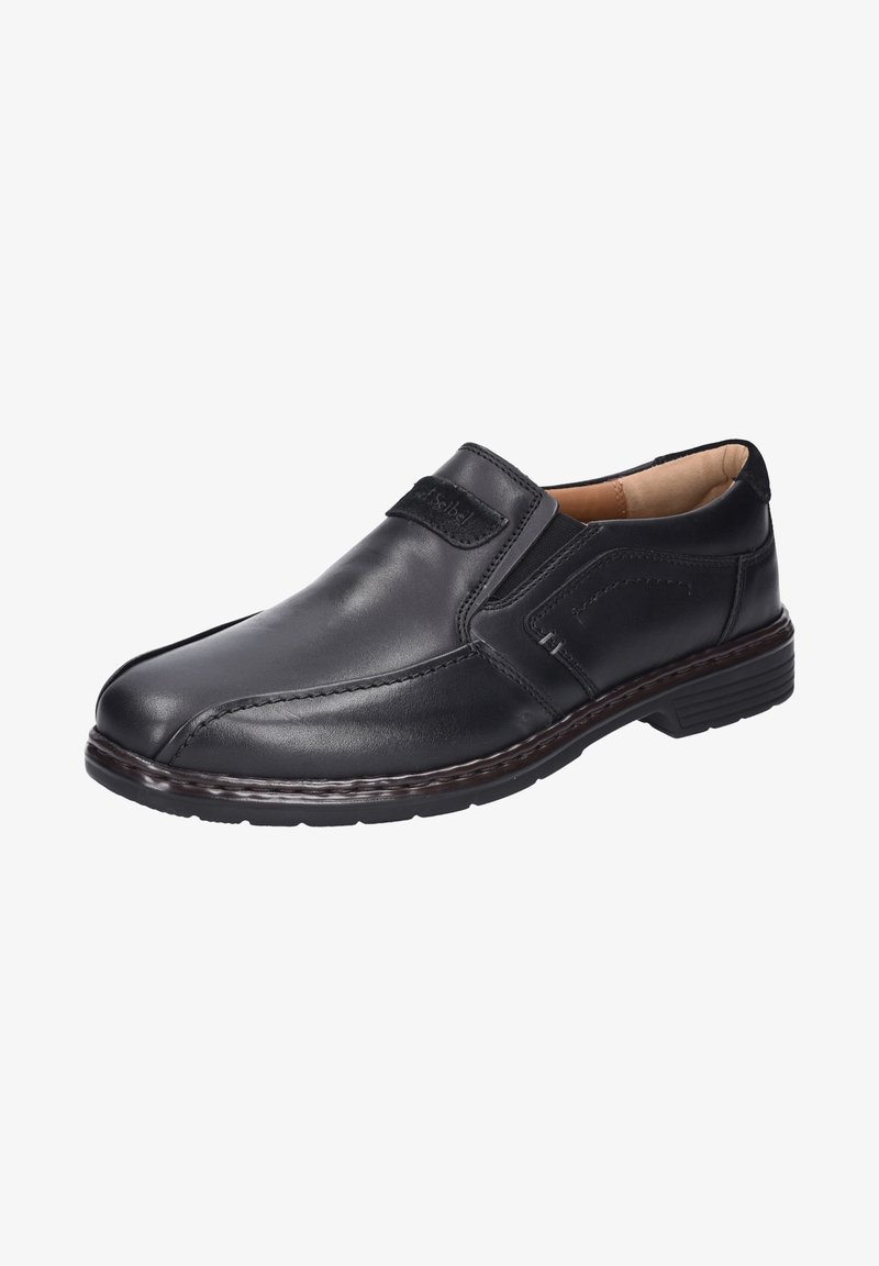 Zapato negro de cuero tipo mocasín con puntera redondeada, paneles laterales elásticos y costuras decorativas en la parte superior y la suela. Suela de goma duradera.