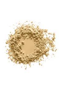 Polvere gialla granulosa, di consistenza fine, distribuita a forma circolare con un centro liscio e un bordo esterno irregolare e rugoso.