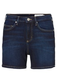 Dżinsowe szorty w ciemnoniebieskim kolorze z delikatnym wyblaknięciem, wyposażone w zapięcie na guziki z przodu, pięć kieszeni i kontrastowe przeszycia wzdłuż szwów.