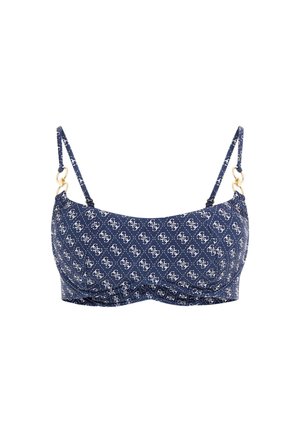 Top bikini blu navy con motivo logo bianco, tessuto morbido, spalline regolabili e dettagli in hardware dorato. Finitura in tessuto testurizzato.