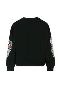 Felpa nera con maniche lunghe, polsini e orlo a coste. Presenta ricami floreali in rosa, blu e verde su entrambe le maniche.