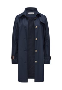 Marineblauer wasserdichter Trenchcoat mit Kragen, Knopfverschluss und verstellbaren Ärmelriemen. Glatte Textur mit einem einfachen, geradlinigen Design.