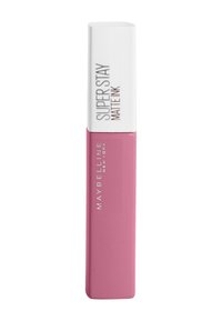 Maybelline Super Stay Matte Ink Lippenfarbe in einem rechteckigen pinken Röhrchen mit einem weißen Deckel, beschriftet mit "SUPER STAY MATTE INK." Glatte Textur.