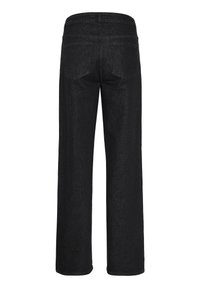 Pantalones vaqueros anchos negros de denim. Cuenta con dos bolsillos traseros y un corte recto. La cinturilla es de altura estándar sin hardware visible.