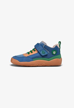 Blue and green sneaker with a textured upper, suede and mesh materials, Velcro strap, and a brown rubber sole featuring patterned traction.