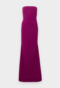 Axelbandslös, golvlång klänning i djupt magenta. Tillverkad av slät tyg med en figurnära överdel och en rak silhuett.