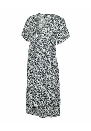 Korte mouwen, knielange wikkeljurk met marineblauw-wit bloemenpatroon en V-hals.