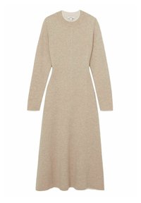 Neulottu beige mekko, jossa on pitkät hihat, pyöreä pääntie ja kellotettu hame. Sujuva kangas ja saumat edessä lisäävät rakennetta.