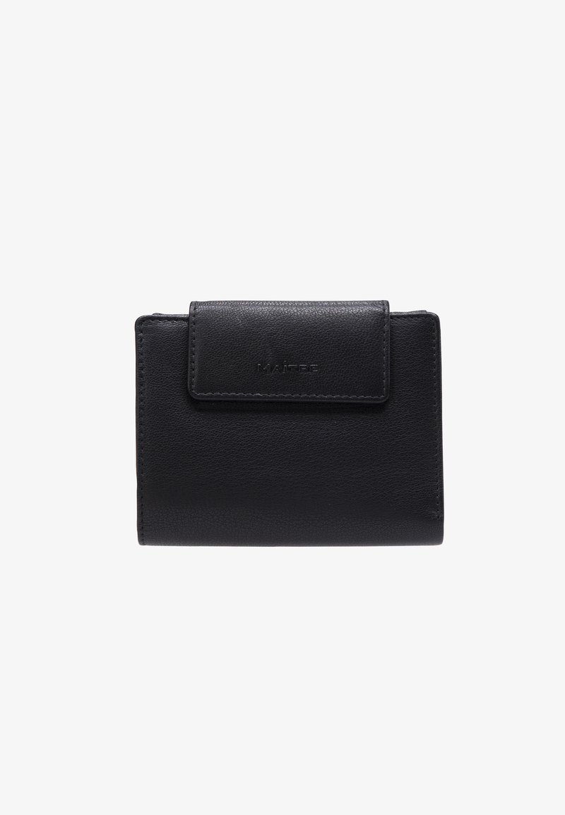 Billetera de cuero negro con una textura suave, forma rectangular, tapa plegable y logo de la marca en relieve en el frente.