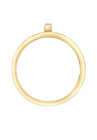 Guld hoop vedhæng, cirkelformet, glat overflade, ingen yderligere accenter eller mønstre, med en lille topløkke til fastgørelse.