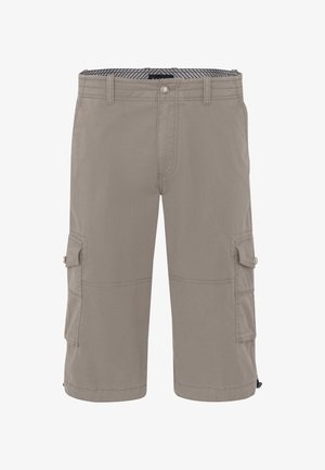 Khaki-farbene Cargo-Shorts mit Knopfverschluss, Gürtelschlaufen und seitlichen Klappentaschen mit Knopfverschluss.