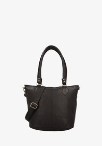 Zwarte leren handtas met dubbele handvatten aan de bovenkant en een afneembare schouderriem. Gladde textuur, zilverkleurige hardware en hartvormige accenten.