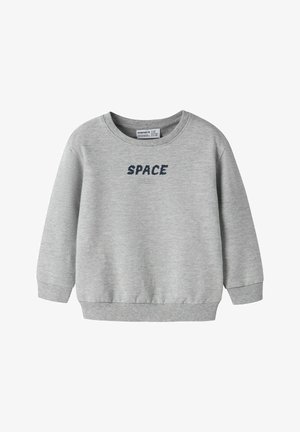 Lysegrå børne-sweatshirt med lange ærmer og ordet "SPACE" trykt i mørkeblå på brystet.