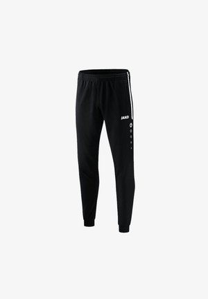 Pantalon de sport noir en tissu lisse avec une taille élastique à cordon, des bandes latérales blanches et un logo sur la jambe gauche.