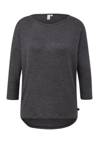 Haut gris à manches longues avec un décolleté bateau, un ourlet arrondi et un tissu doux et texturé. Présente une coupe décontractée et un motif marbré subtil.