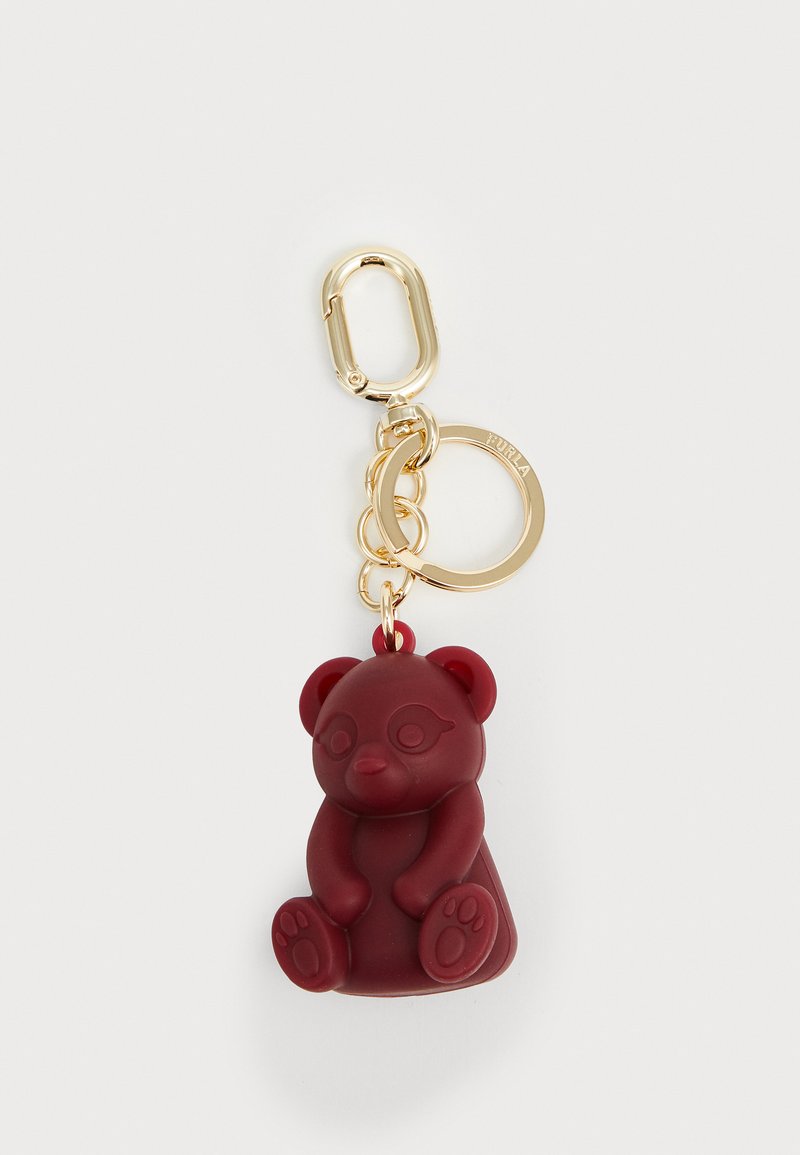 Burgundy silicone bear keychain with gold-toned hardware, featuring a split ring and a hooked clasp for attachment, in a textured finish.