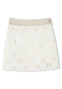Witte rok met een sprankelende zilveren tailleband met 'KARL LAGERFELD' in reliëf. Versierd met gouden geometrische patronen door de hele rok.