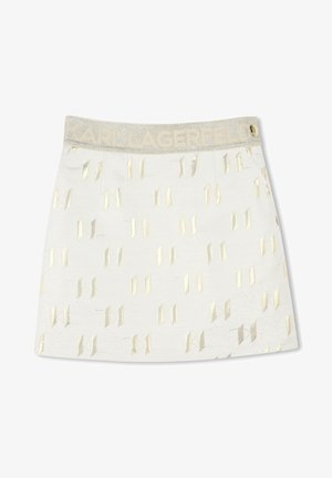 Witte rok met een sprankelende zilveren tailleband met 'KARL LAGERFELD' in reliëf. Versierd met gouden geometrische patronen door de hele rok.