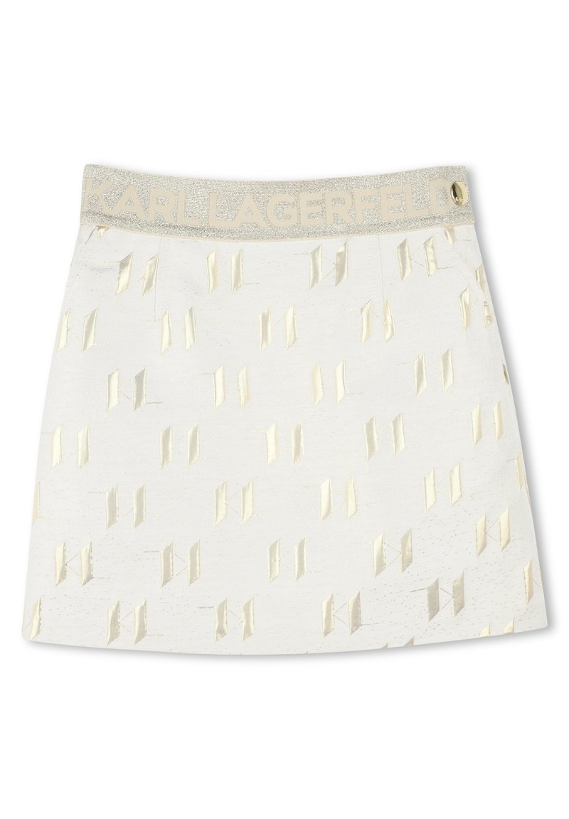 Witte rok met een sprankelende zilveren tailleband met 'KARL LAGERFELD' in reliëf. Versierd met gouden geometrische patronen door de hele rok.