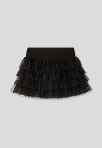 Gonna nera in tulle con più strati di tessuto arricciato, vita elastica e texture liscia, progettata per una silhouette svasata.