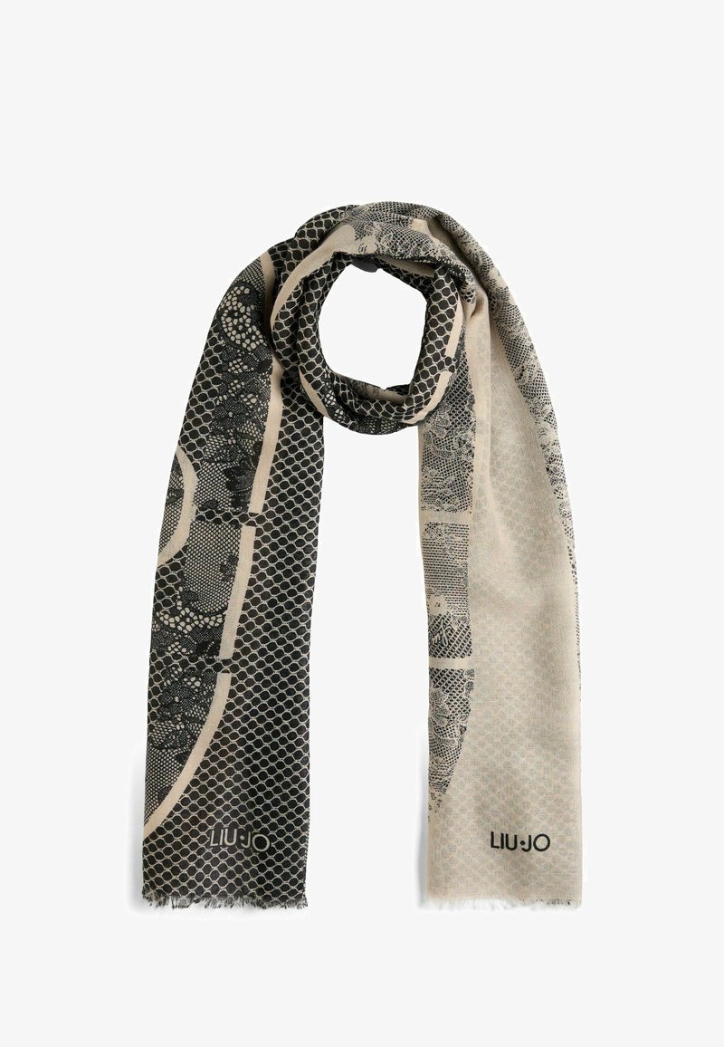 Black and beige scarf featuring a mix of geometric and floral patterns, made from soft material with fringed edges and brand logo.