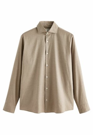 Langärmliges, hellbraunes Button-up-Hemd aus strukturiertem Stoff. Es hat einen klassischen Kragen und weiße Knöpfe entlang der vorderen Leiste.