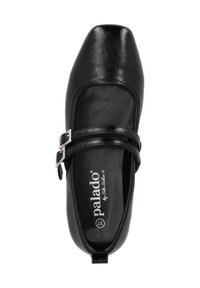 Black ballet flat made of glossy synthetic material, featuring two decorative straps with a buckle detail and a squared toe design.