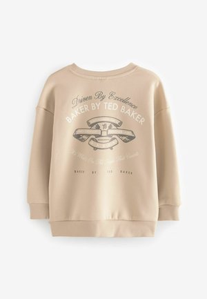 Beige sweatshirt med rund hals, dropped shoulders, ribbede manchetter og et trykt grafisk logo i mørke farver på forsiden.
