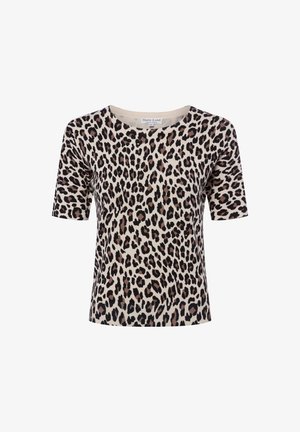 Leopard print short-sleeved top in a lightweight fabric. Features a round neckline and a textured finish with black, brown, and beige patterns.