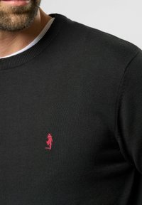 Schwarzer Strickpullover mit Rundhalsausschnitt und gerippten Abschlüssen. Verfügt über ein kleines rotes stickiertes Logo auf der Brust. Weicher Stoff.