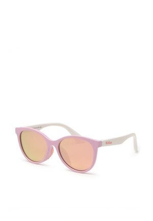 Lunettes de soleil pour enfants roses et blanches avec verres miroir roses et marquage "Kiddus" sur les branches blanches.