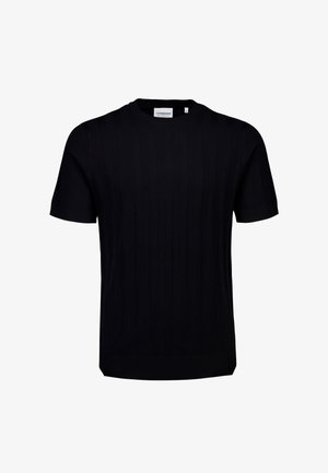 Zwarte ribgebreide korte mouw trui met een ronde hals, een losse pasvorm en een label bij de halslijn.