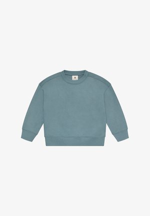 Bawełniana bluza w miękkim niebiesko-zielonym kolorze. Posiada długie rękawy, ściągacze przy mankietach oraz okrągły dekolt, wykonana z teksturowanej tkaniny bez wzorów.