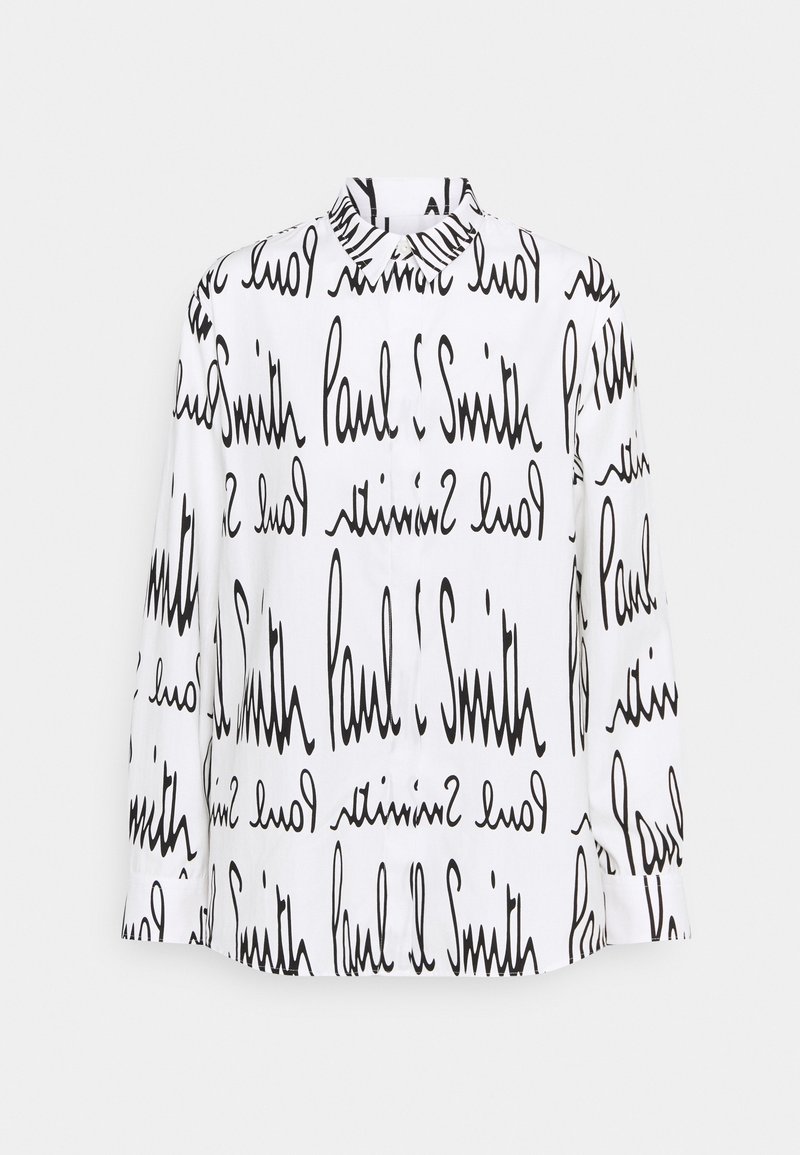 Witte lange mouwen shirt met een zwarte handgeschreven opdruk met "Paul Smith." Klassieke kraag en knoopsluiting aan de voorkant.