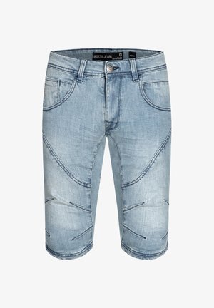 Jasnoniebieskie krótkie spodenki dżinsowe z przednimi kieszeniami, szlufkami na pasek, zapięciem na guziki i ozdobnym przeszyciem na udach i kolanach.