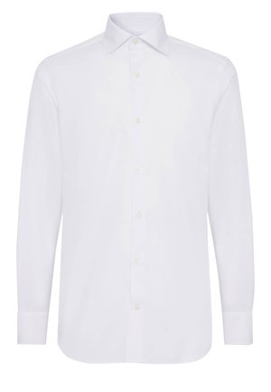 White long-sleeve shirt made of smooth fabric, featuring a classic collar, button-down front, and single-button cuffs.