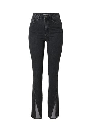 High-waisted black jeans with a slim fit, featuring side slits at the hem, classic five-pocket design, and metal button closure.