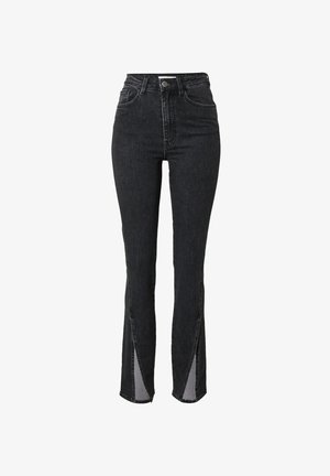 High-waisted black jeans with a slim fit, featuring side slits at the hem, classic five-pocket design, and metal button closure.