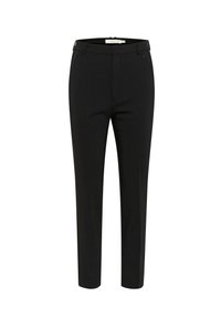 Black tailored trousers with a slim fit, featuring a smooth texture, belt loops, front pockets, and a concealed zipper closure.