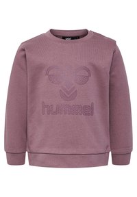 Paarse sweatshirt van zacht materiaal, met een textuur logo ontwerp en drukknopen op de schouder. Ronde halslijn, geribbelde manchetten.