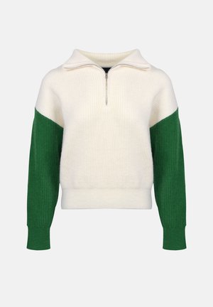 Adīta džemperis ar ceturtdaļas rāvējslēdzi. Krēma krāsas virsma ar ribotu zaļu piedurkņu dizainu. Mīksta tekstūra, brīvs piegriezums, kontrastējoši krāsu bloki.