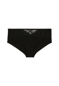 Sous-vêtements noirs en tissu lisse, avec une bordure en dentelle en haut et un accent croisé à l'arrière.