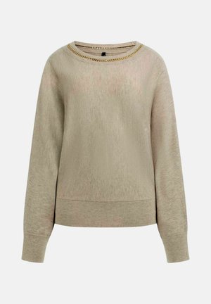 Maglione beige con scollo rotondo impreziosito da una catena dorata. Maniche lunghe con polsini e orlo a costine. Tessuto morbido e vestibilità rilassata.